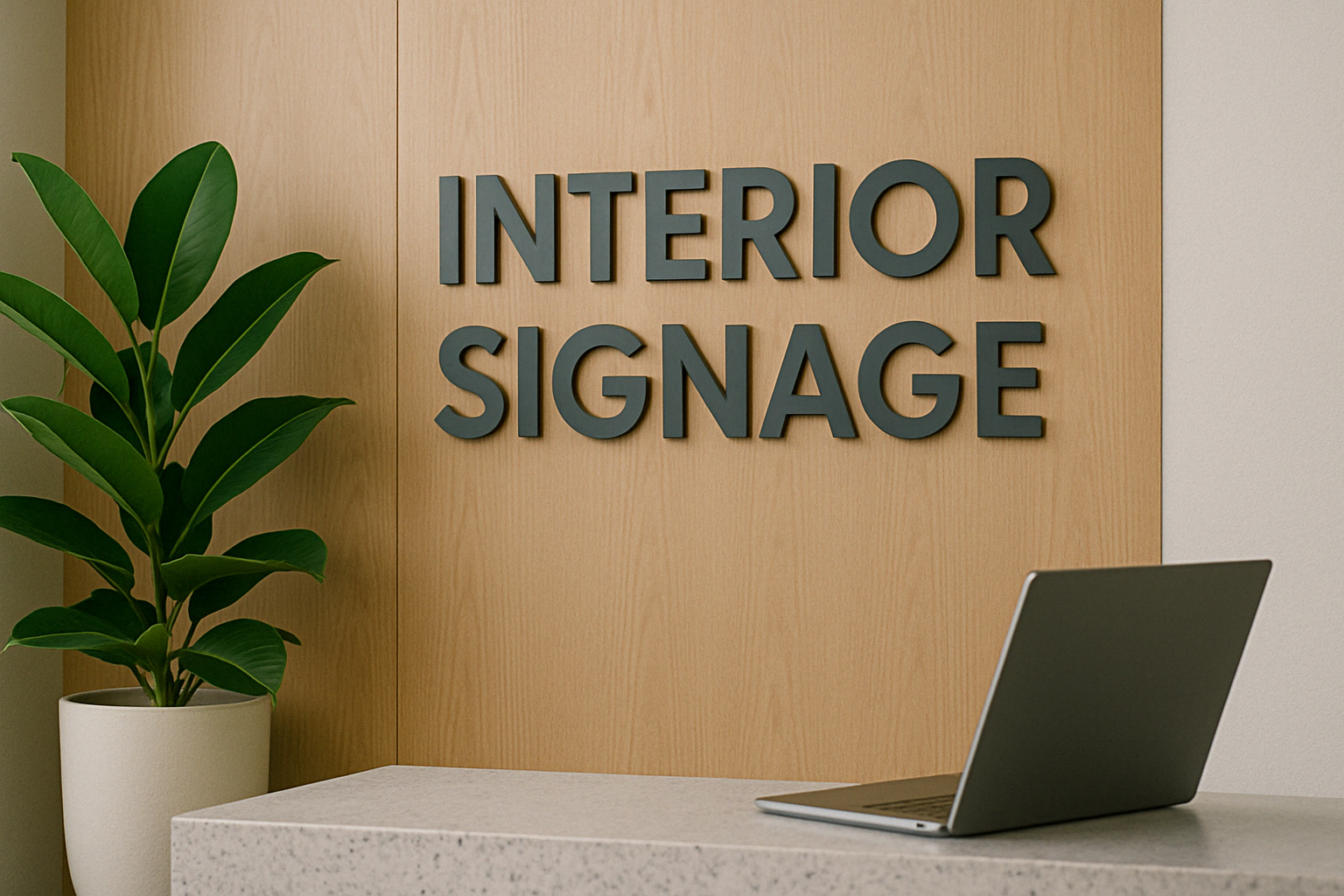 Dimensional letter logo sign installed behind reception desk