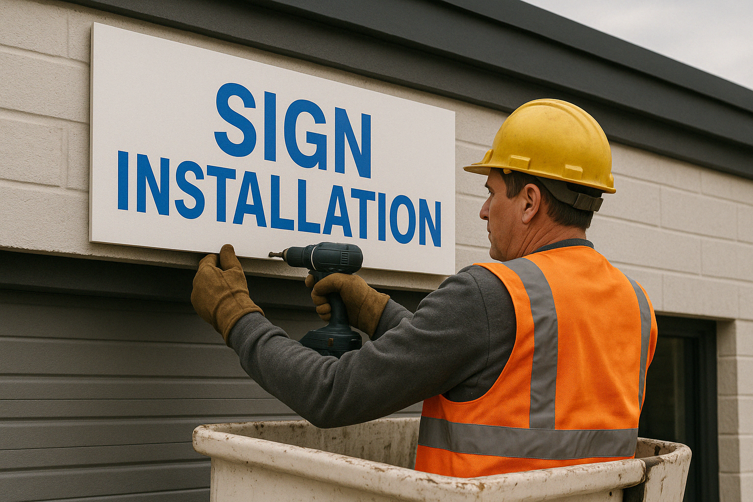 Installation team mounting a custom sign on exterior wall